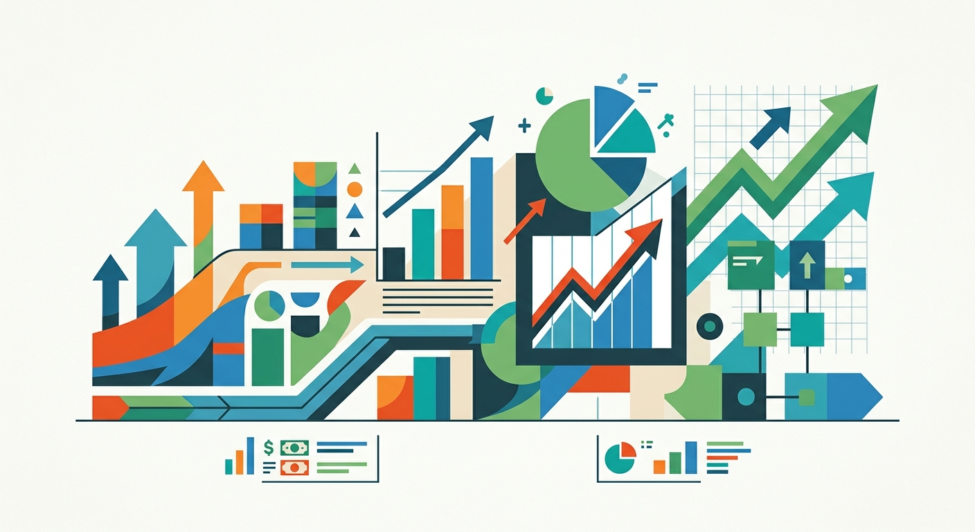 Minimalist geometric vector illustration representing financial balance and economic data through abstract shapes and lines.