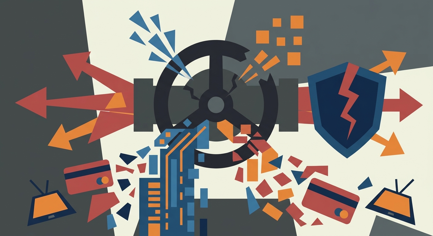 Flat editorial vector illustration of abstract geometric shapes representing data flow and digital security breaches.