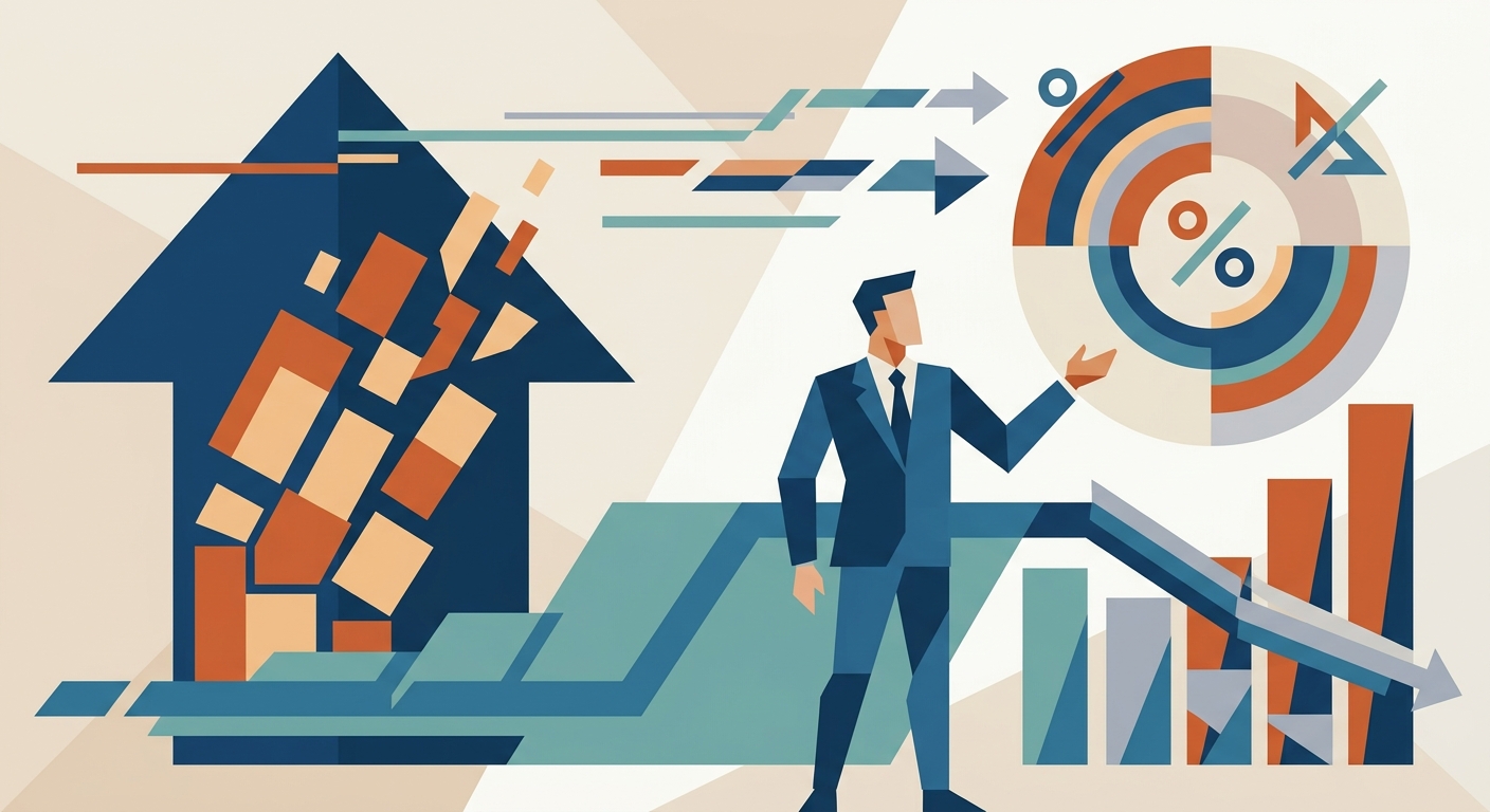 Minimalist geometric vector illustration of falling arrows and rising graph lines in a limited color palette.