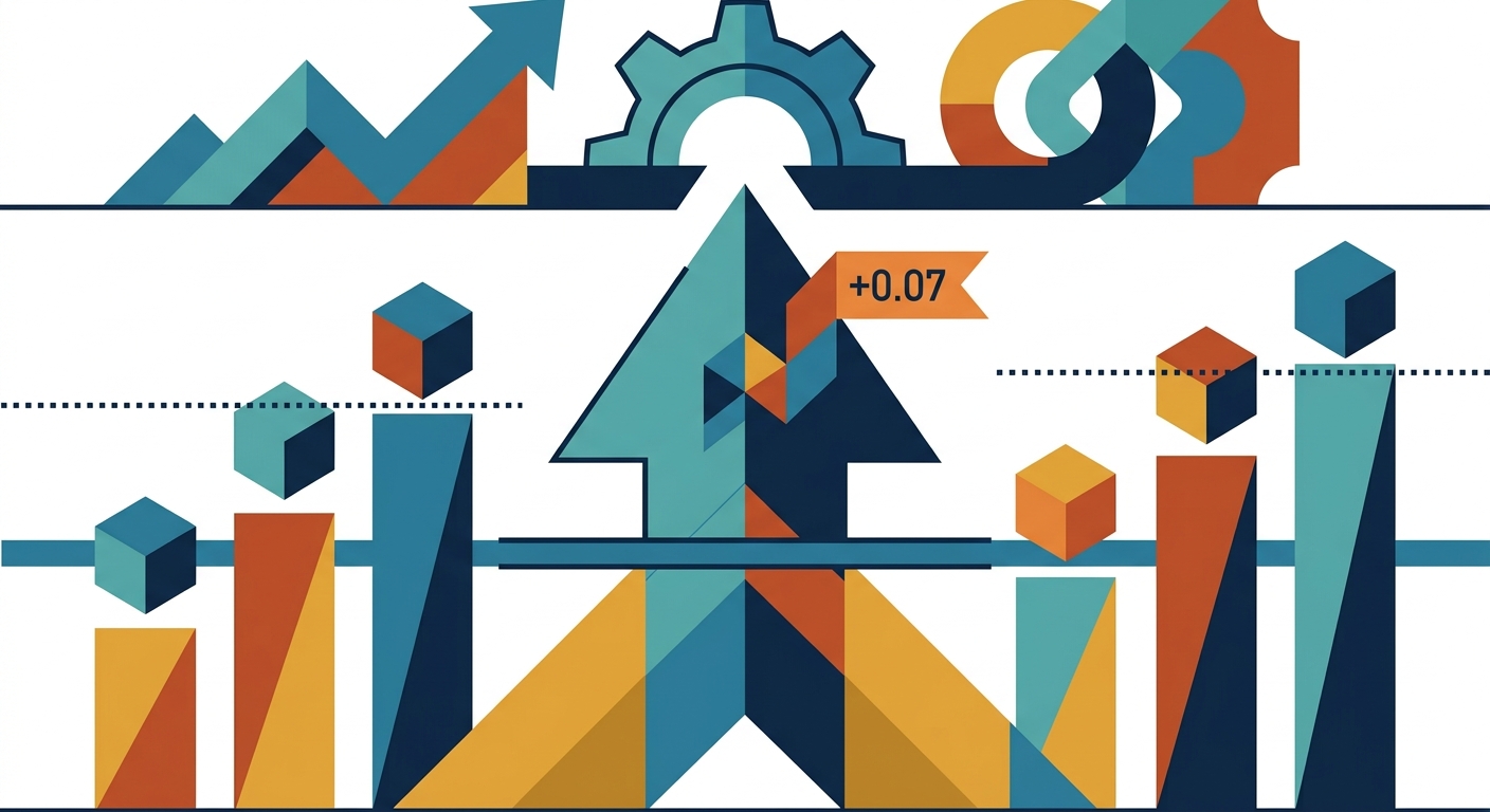Abstract vector illustration with upward trending geometric bars and arrows in a limited flat color palette, symbolizing financial growth.