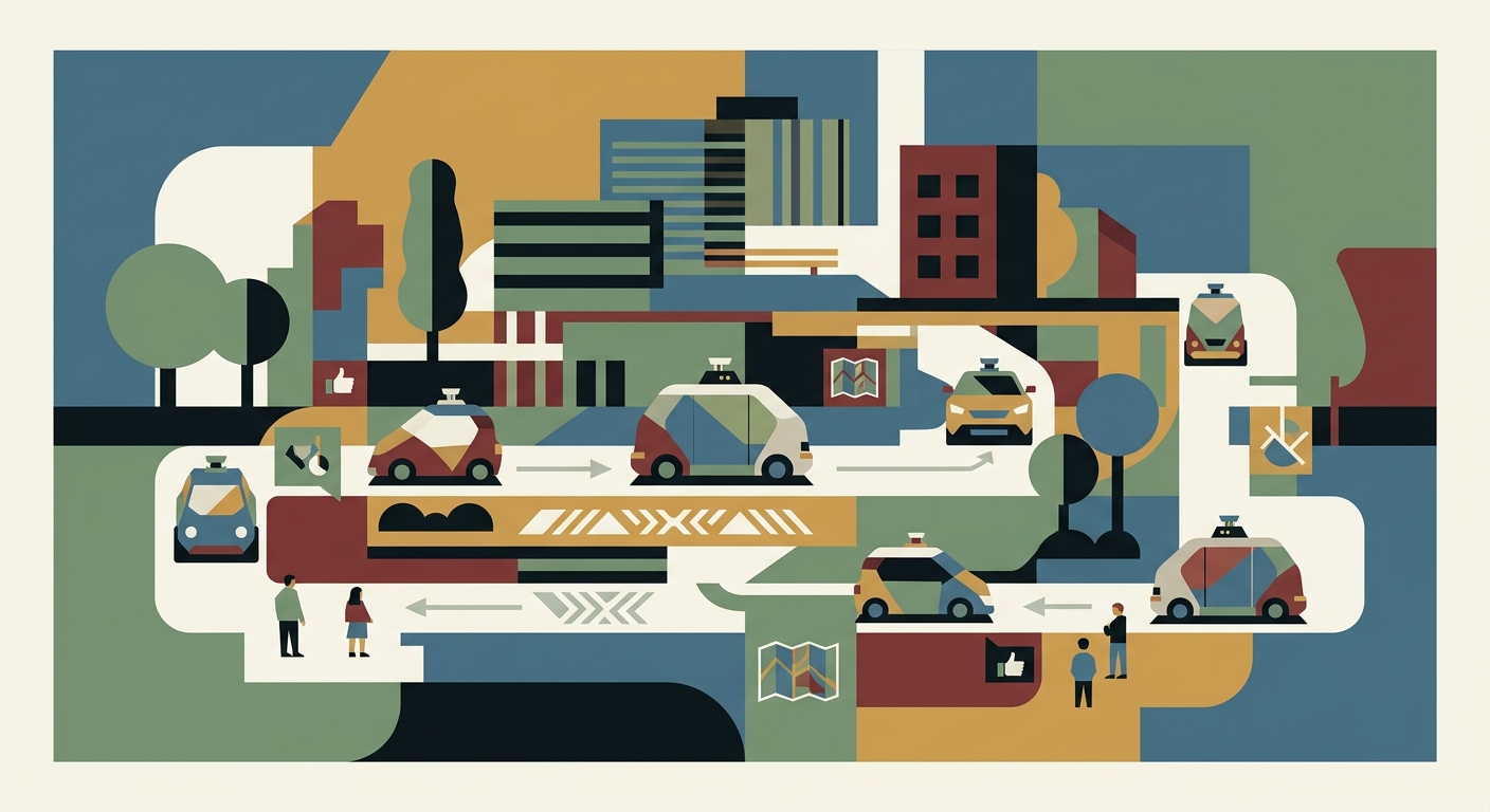 Abstract geometric illustration of a stylized autonomous vehicle with a checkmark on a road, symbolizing regulatory approval.