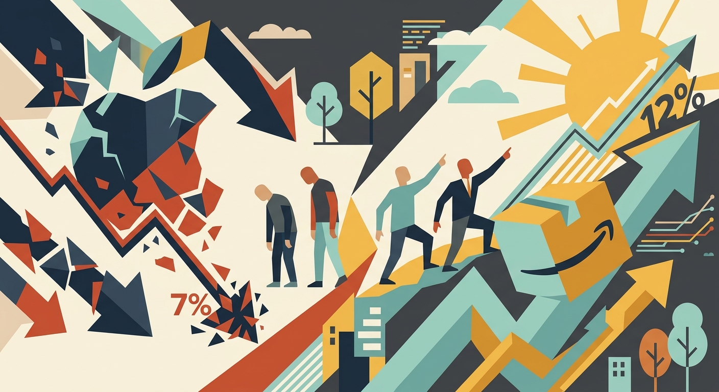 Minimalist vector illustration of rising and falling geometric lines representing stock market fluctuations.