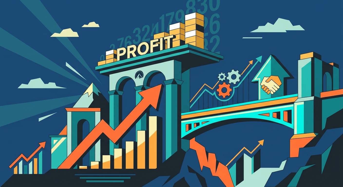 Minimalist geometric vector illustration featuring abstract shapes symbolizing financial growth and corporate synergy.