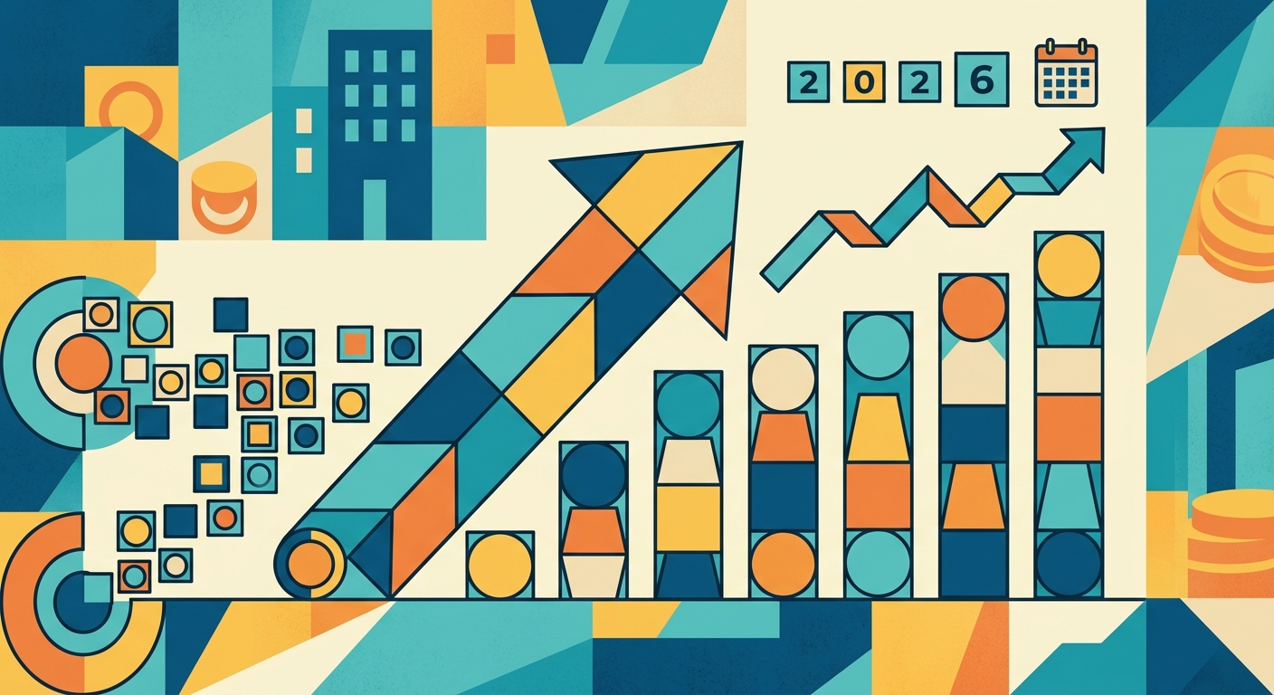 Minimalist geometric vector illustration representing financial growth with abstract rising bars and upward arrows.