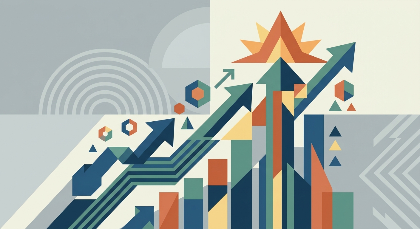 Minimalist flat vector illustration showing rising geometric shapes representing growth and financial success.