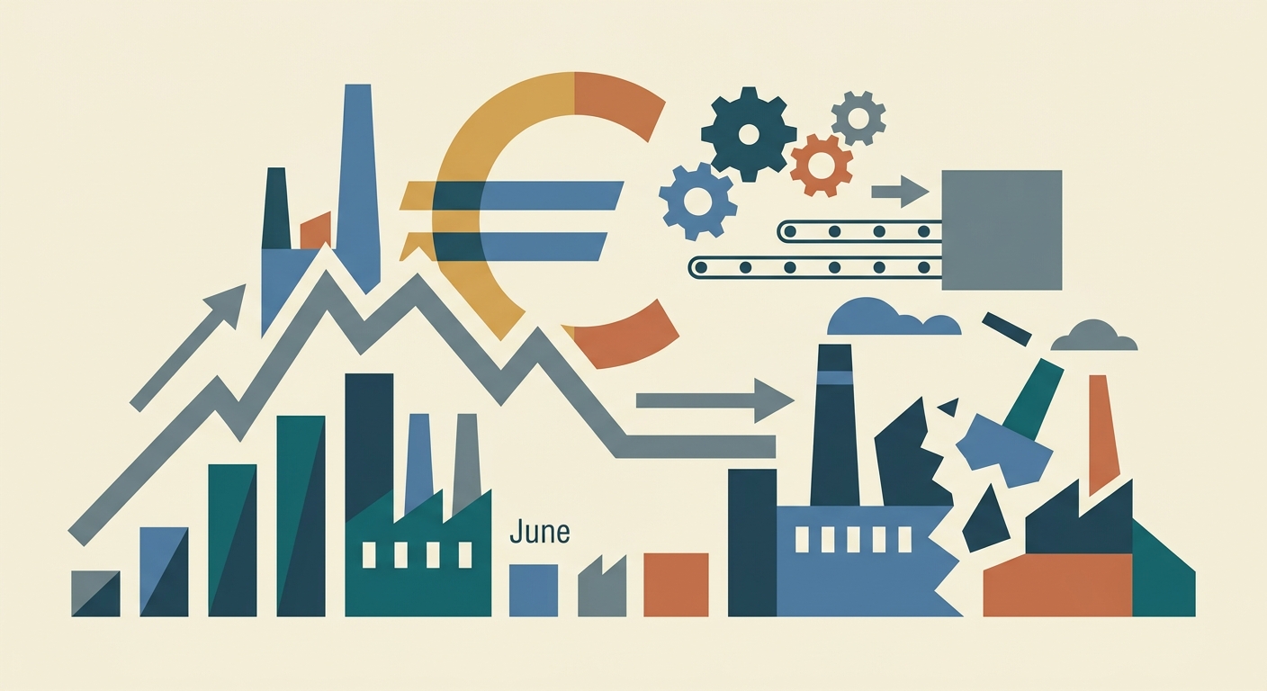 Minimalist flat vector illustration with geometric shapes symbolizing stagnant economic growth and industrial production.