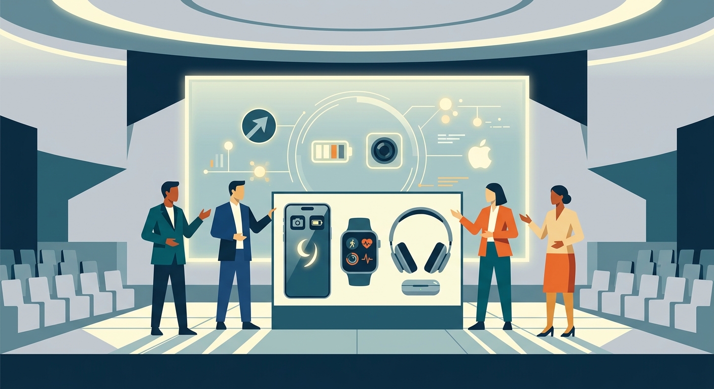 Minimalist flat vector illustration using geometric shapes to represent technology and product launches.