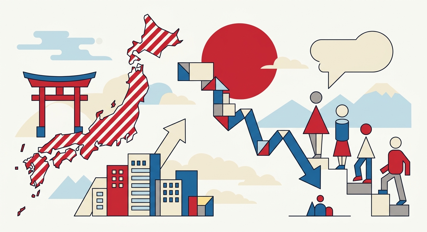 Flat vector illustration of a downward arrow over a minimalist map of Japan with small scattered figures.