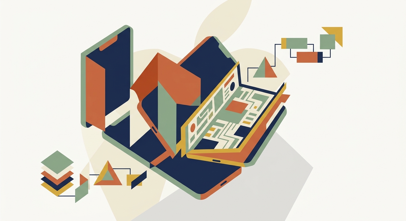 Minimalist flat vector illustration of a stylized folding smartphone using geometric shapes and soft colors.