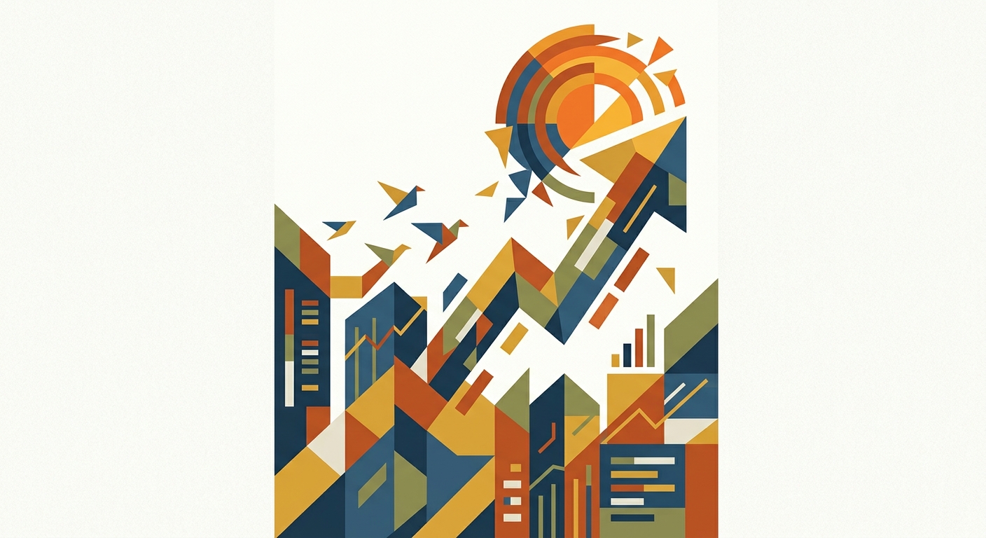 Minimalist flat vector illustration of an abstract upward-trending financial line graph with geometric shapes.