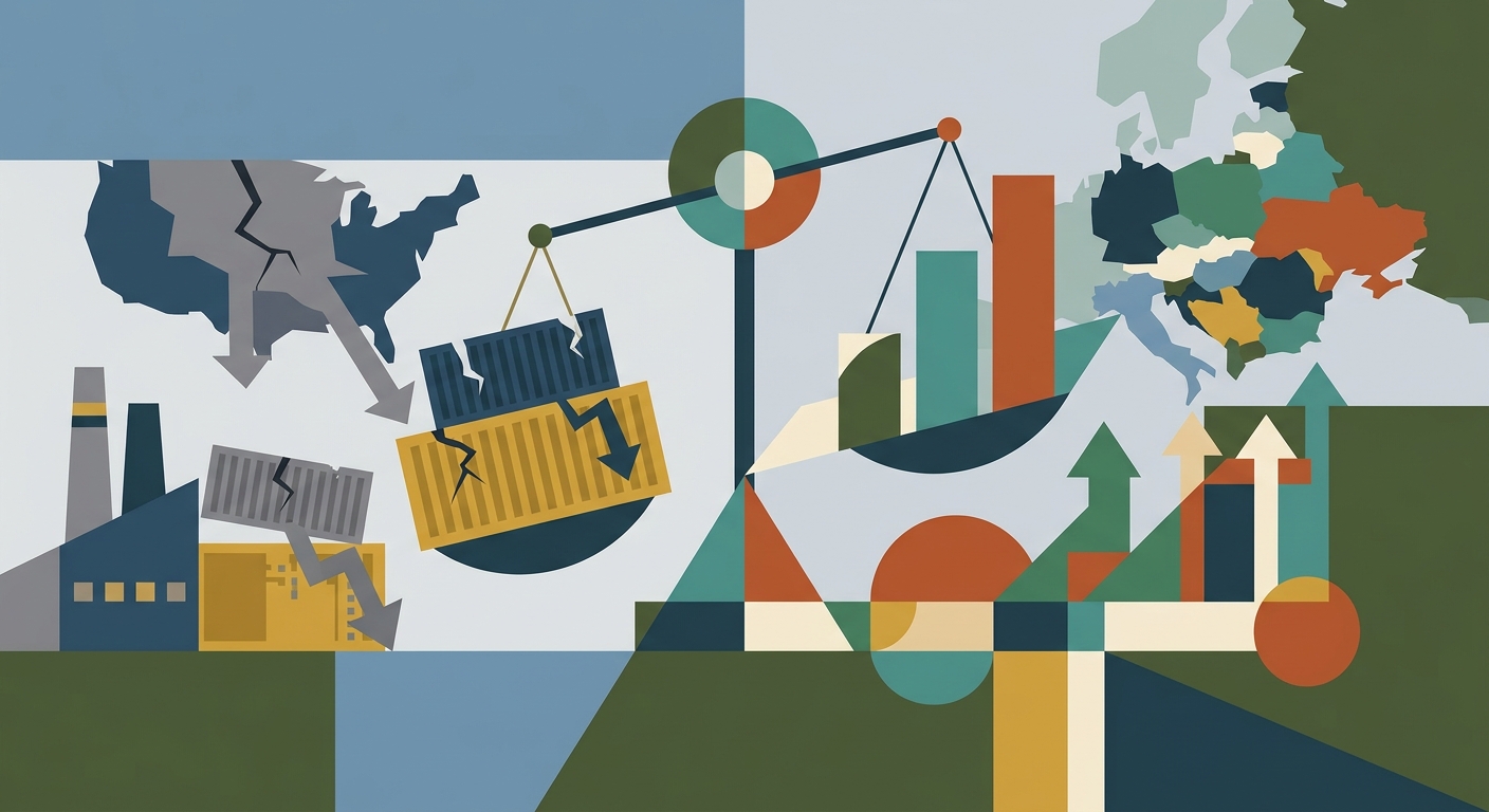 Minimalist geometric vector illustration of stylized arrows balancing trade flow transitions between different regions.