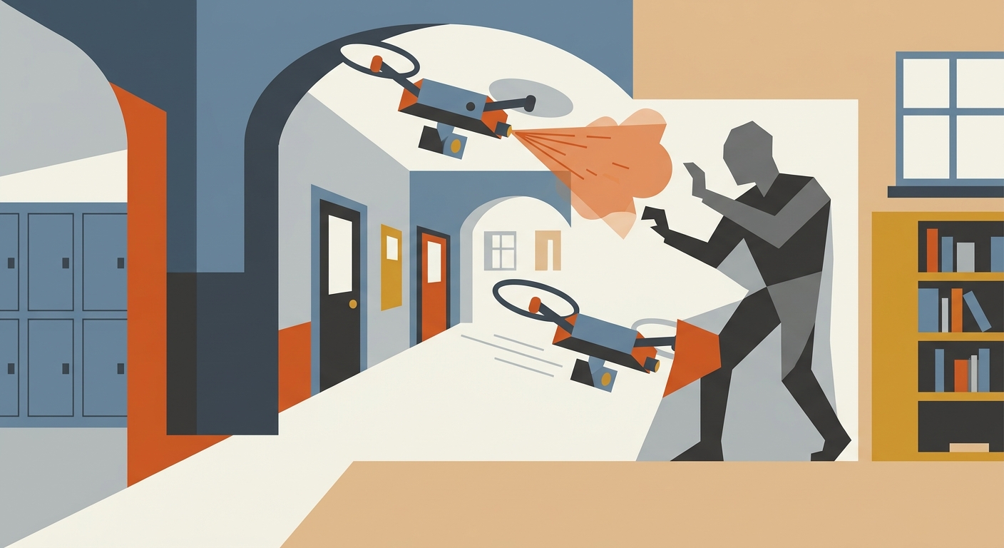 Minimalist flat vector illustration of a drone flying near stylized school building elements in a geometric design.