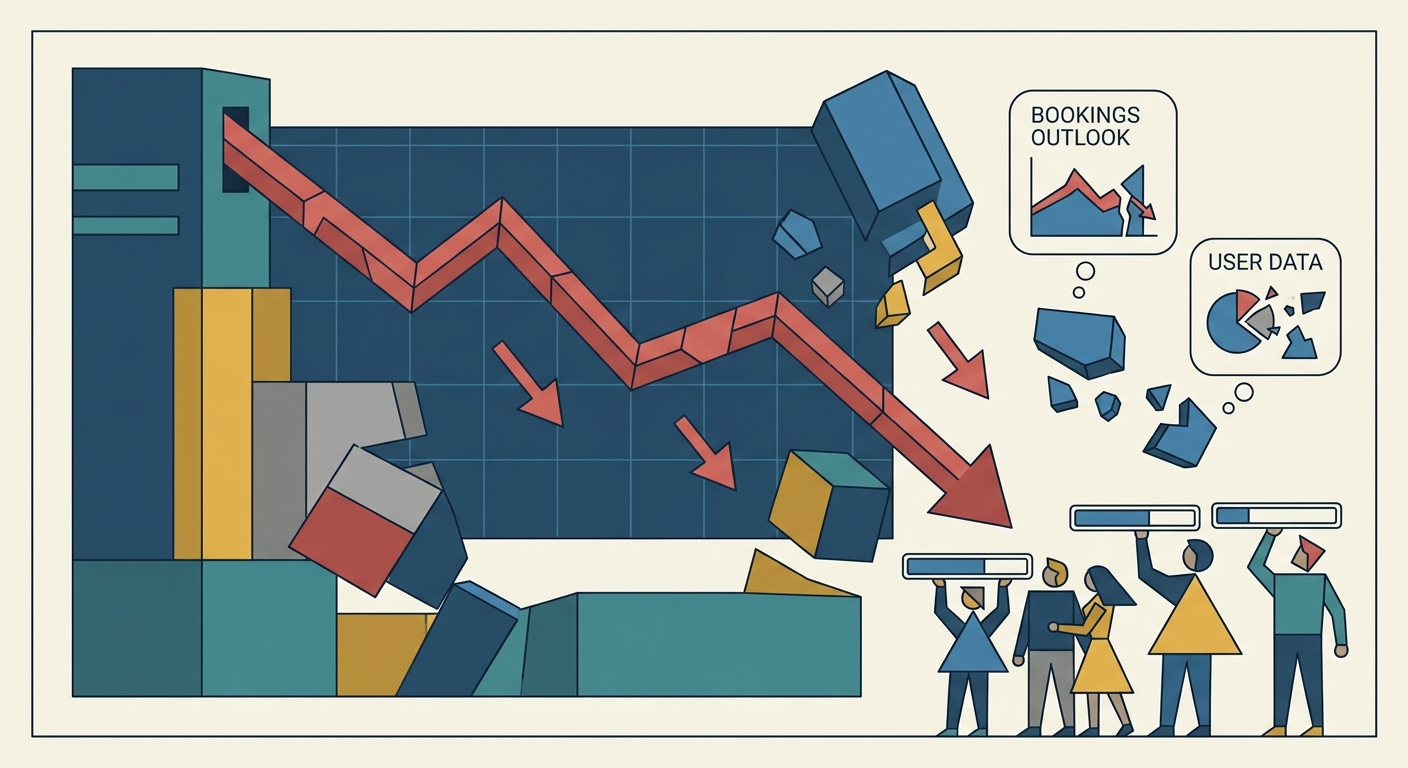 Düşüş eğilimindeki borsa grafiği ve aşağı bakan ok işaretlerini içeren minimalister, geometrik tasarımlı bir vektör çizimi.