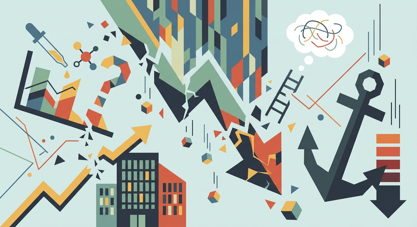 Minimal geometric vector illustration showing a downward-trending line graph with falling red shapes.