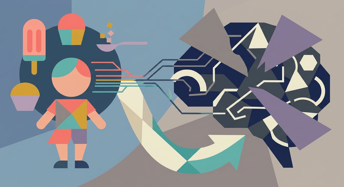 Minimalist flat vector illustration of geometric shapes representing brain connections and sugar elements.