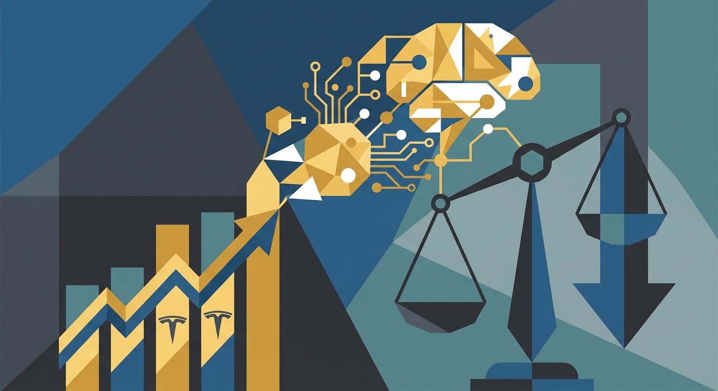 Minimalist flat vector illustration with geometric shapes representing artificial intelligence and financial growth trends.