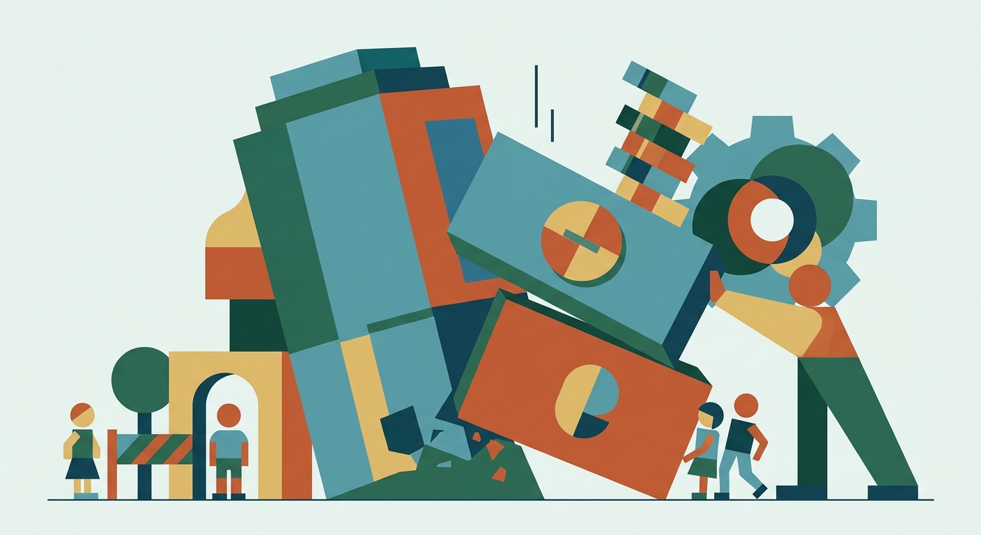 Minimalist vector illustration using geometric shapes to represent abstract concepts of digital regulation and financial law.