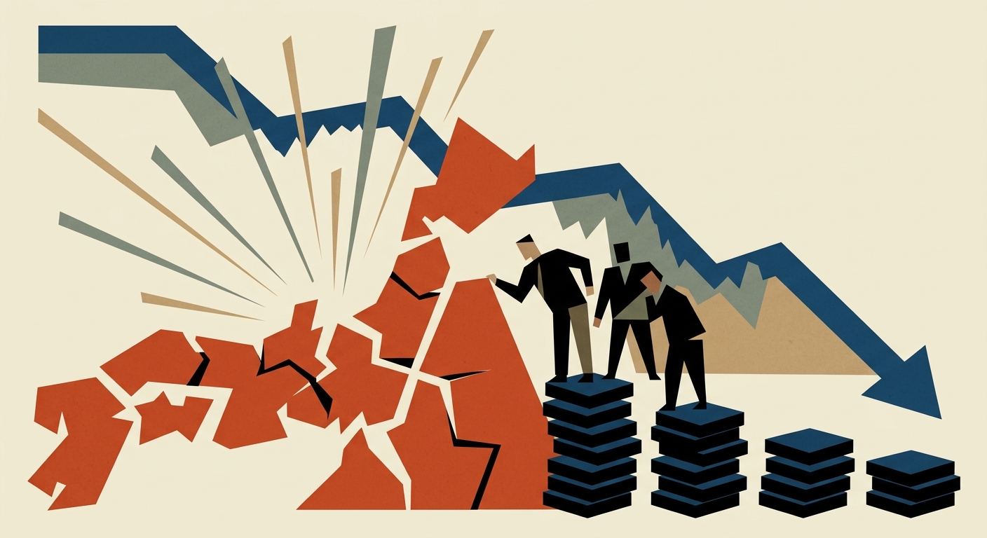 Abstract minimalist vector illustration of declining geometric shapes and downward arrows in a limited color palette.