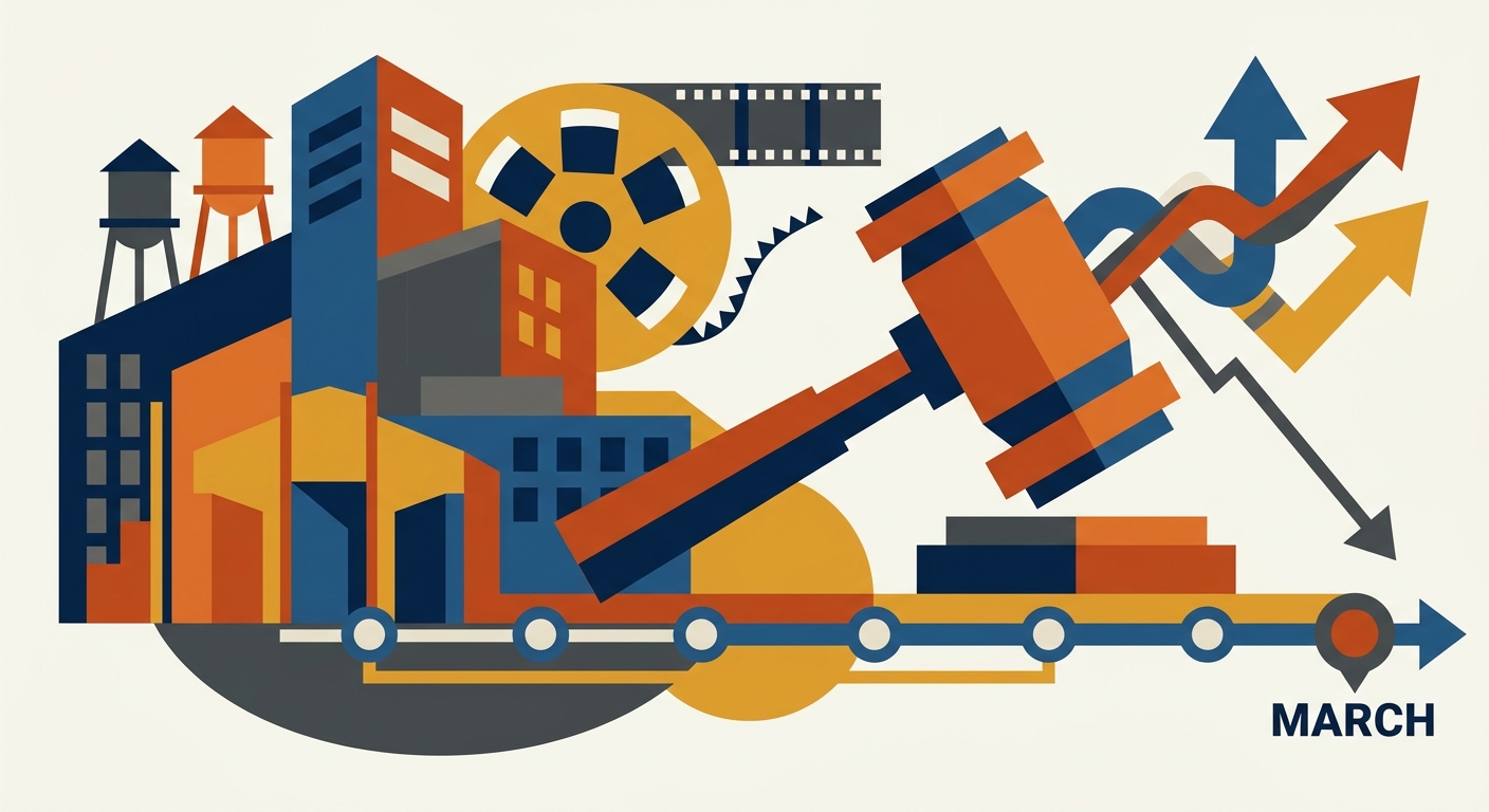 Minimalist flat vector illustration of geometric shapes representing a business deal and corporate merger process.