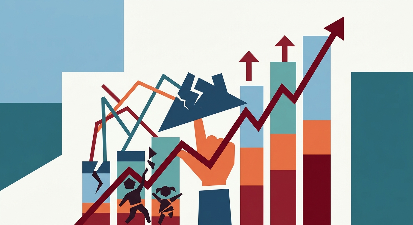 Minimalist vector illustration featuring geometric shapes and an upward arrow to symbolize rising statistical data.
