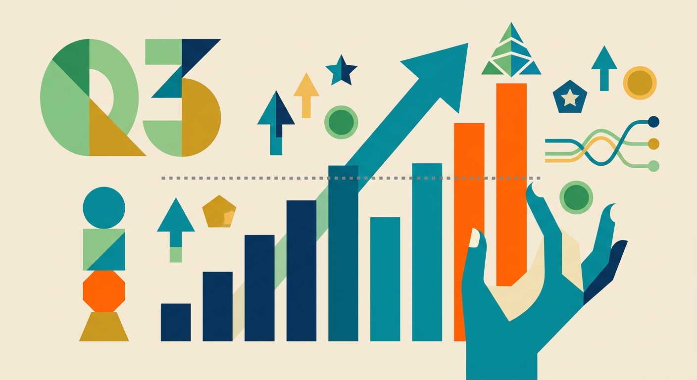 Minimalist vector illustration of upward trending geometric arrows and rising bar charts in a limited color palette.