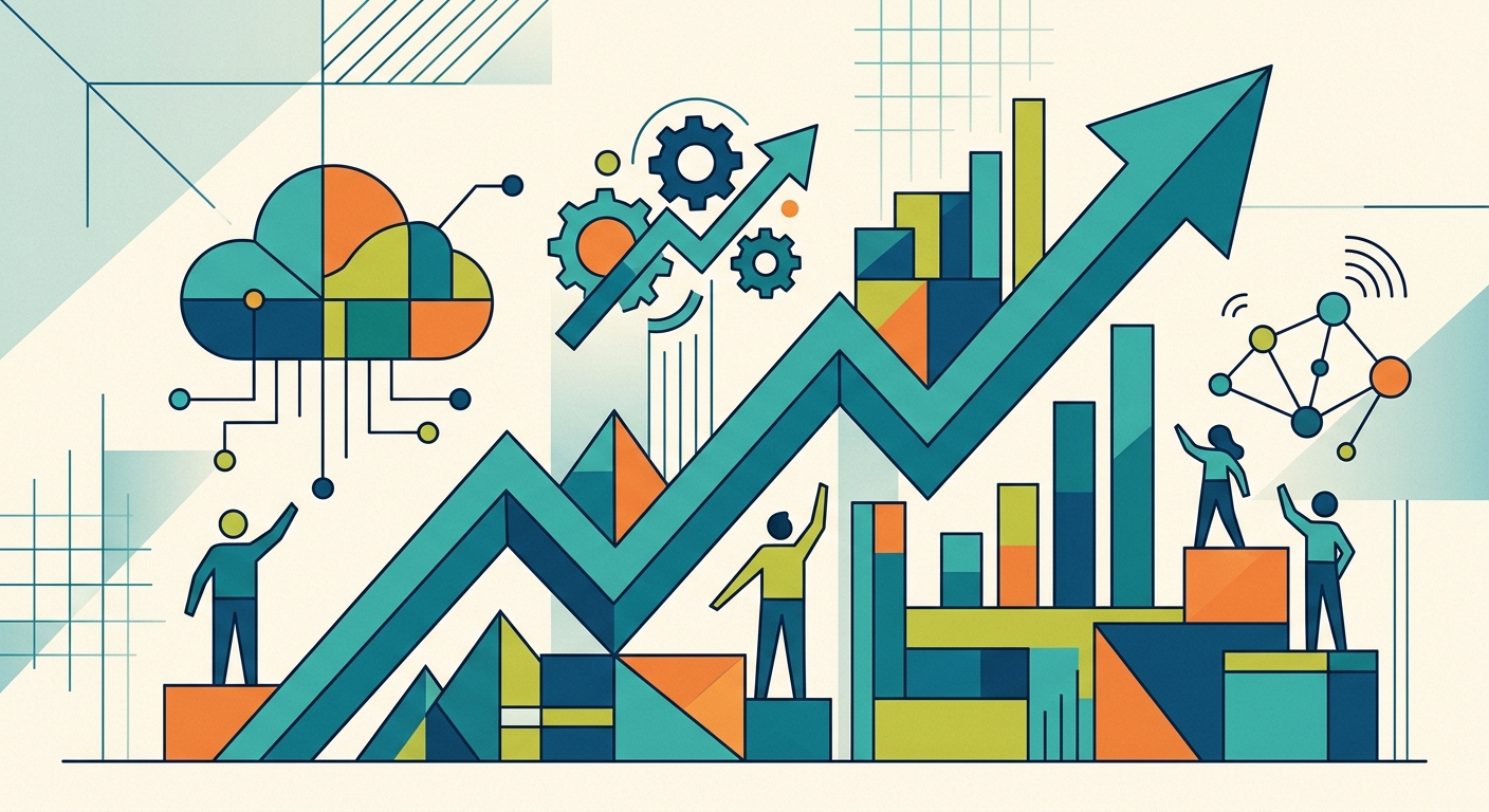 Minimalist flat vector illustration featuring geometric shapes and upward-trending lines symbolizing stock market growth.