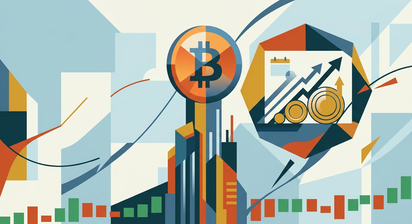 Minimalist flat vector illustration of geometric shapes representing cryptocurrency and financial growth trends.