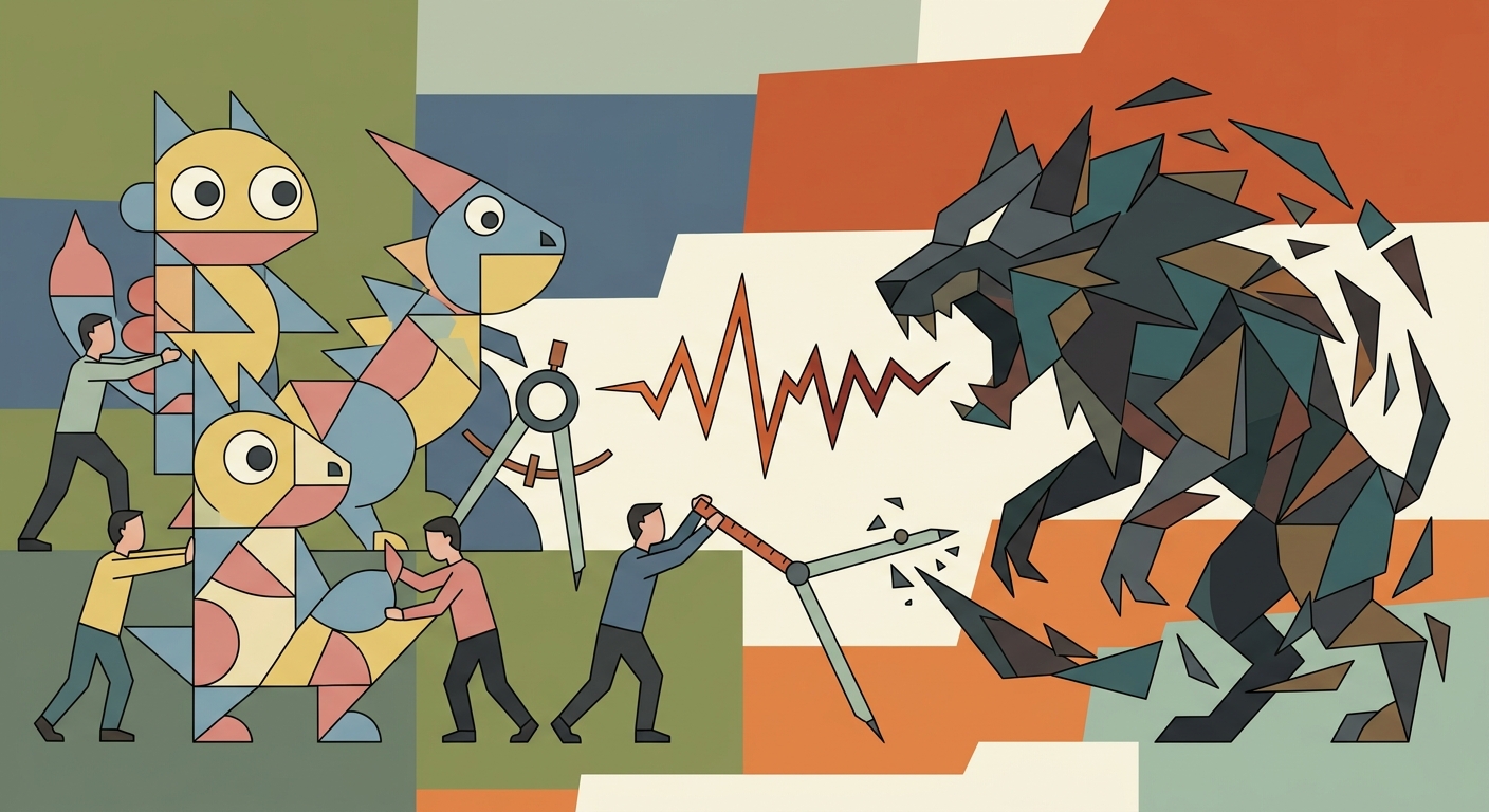 Flat vector illustration with minimal geometric shapes and limited colors depicting an abstract conceptual scene.