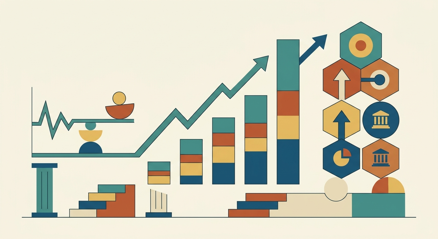 Minimalist flat vector illustration with geometric shapes representing financial growth and stability.