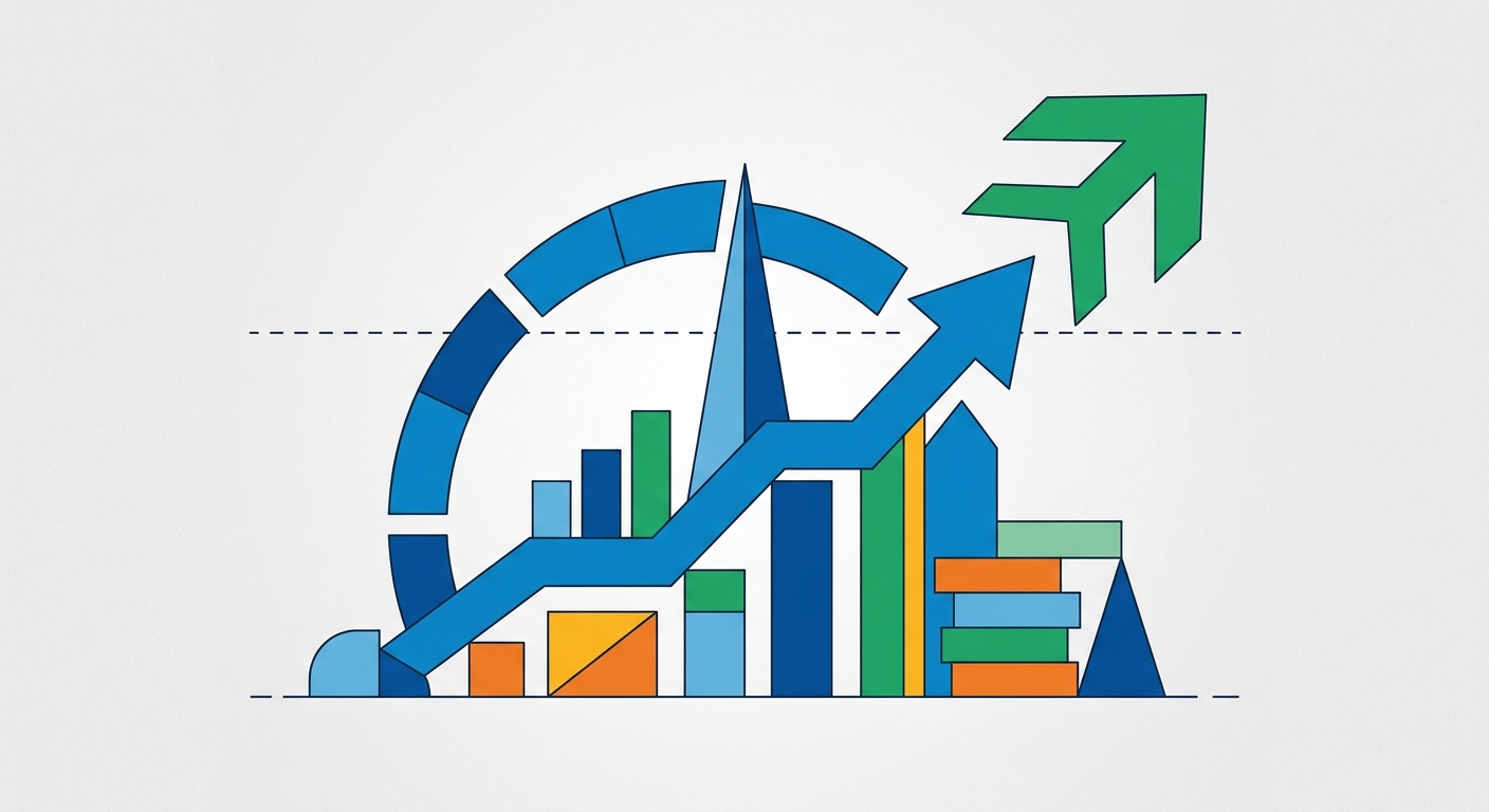 Minimalist vector illustration of geometric shapes and arrows pointing upwards in a flat, conceptual style.