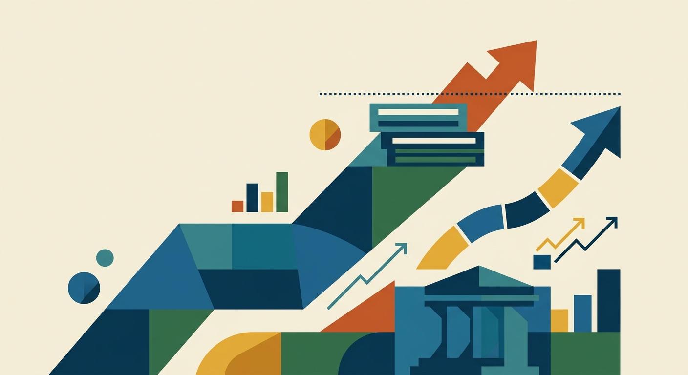 Artı işaretli bir grafik üzerinde yükselen borsa çizgilerini ve paraları gösteren minimalist, geometrik vektör çizimi.