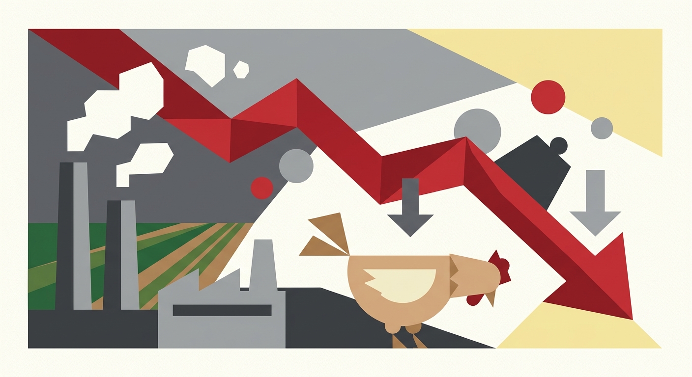 Minimalist flat vector illustration with geometric shapes depicting a declining financial trend line.