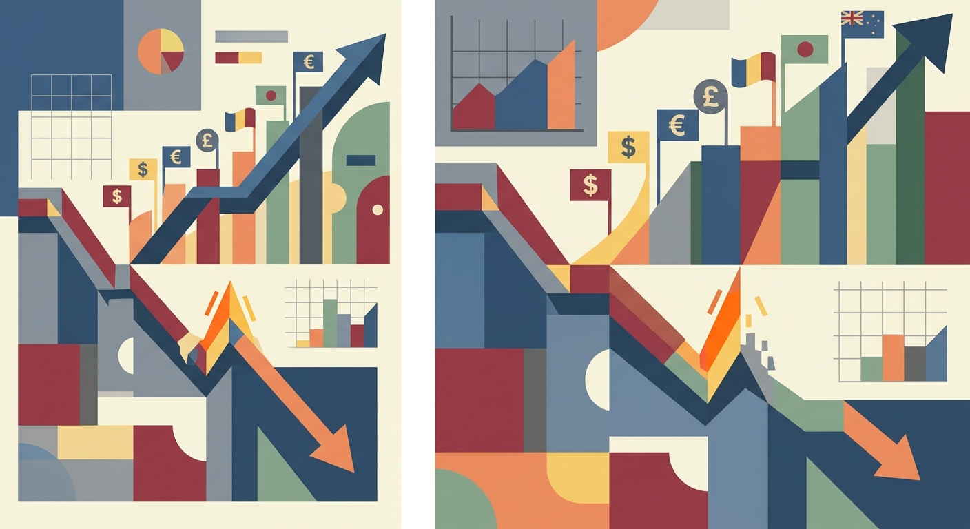 Minimalist geometric vector illustration of diverging arrows and abstract shapes representing financial trends.