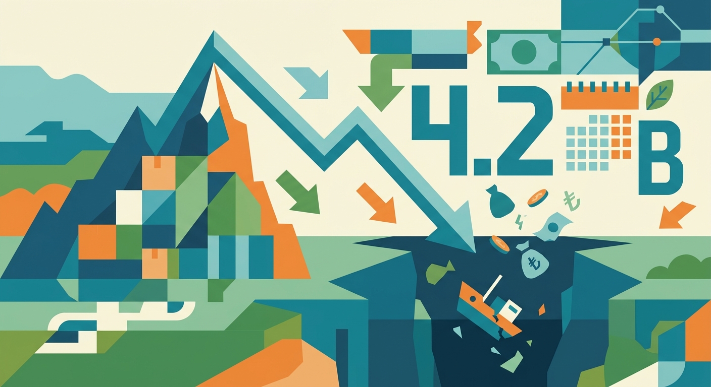 Minimalist flat vector illustration of geometric shapes and red arrows pointing downwards to signify economic deficit.