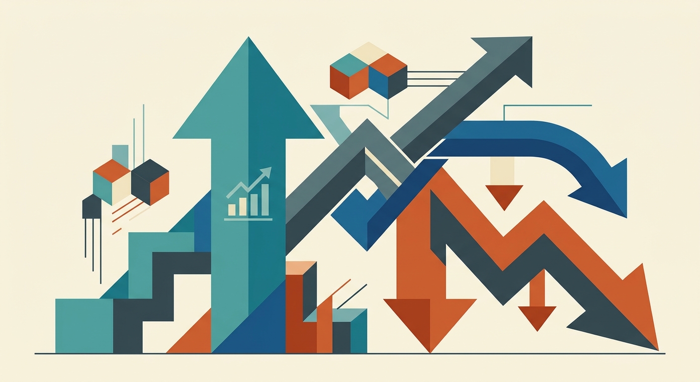 Yukarı yönlü bir grafik çizgisi ve aşağı yönlü düşen stilize borsa grafiği içeren minimalist geometrik çizim.