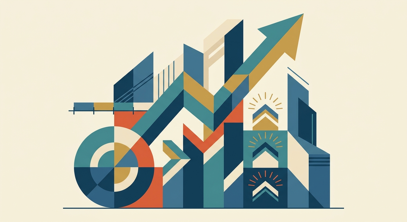 Minimalist geometric vector illustration representing financial growth with rising charts and abstract data shapes.