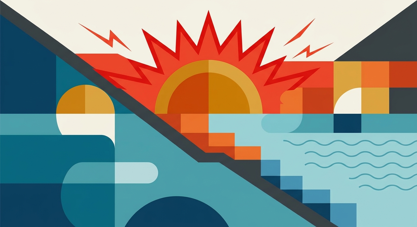 Minimalist vector illustration with geometric shapes representing rising heat waves and a bright sun.