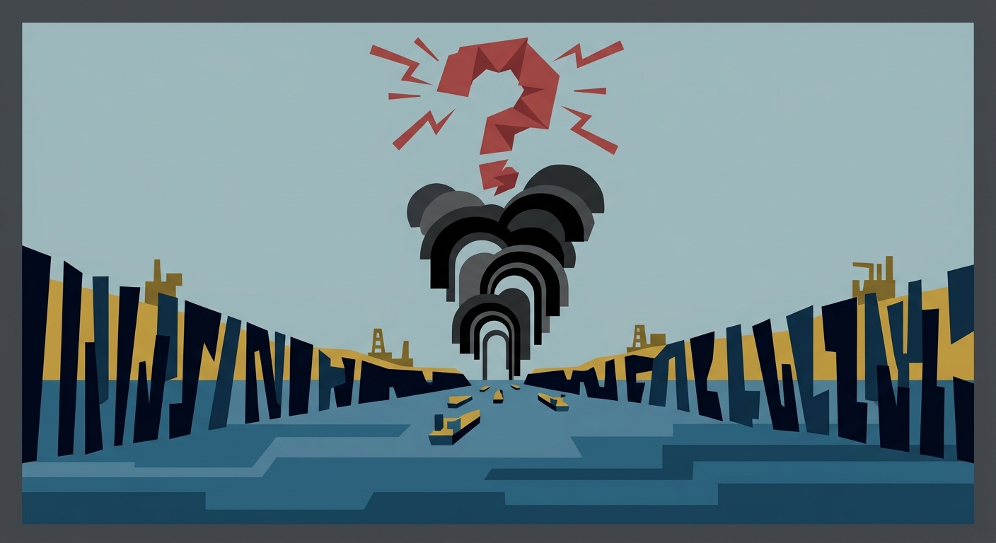 Minimalist flat vector illustration with geometric shapes representing rising oil prices and economic uncertainty.