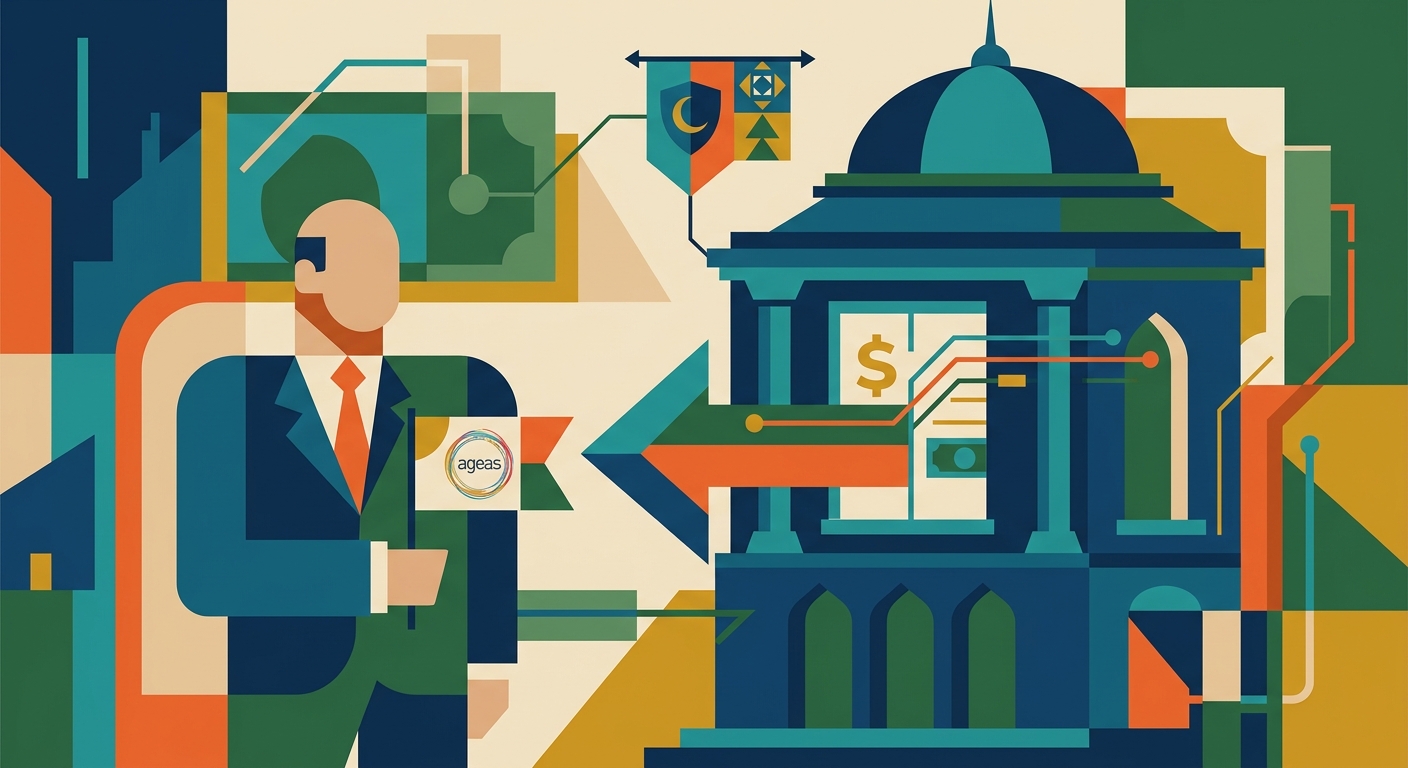 Minimalist flat vector illustration using geometric shapes and a limited color palette to represent financial acquisition.