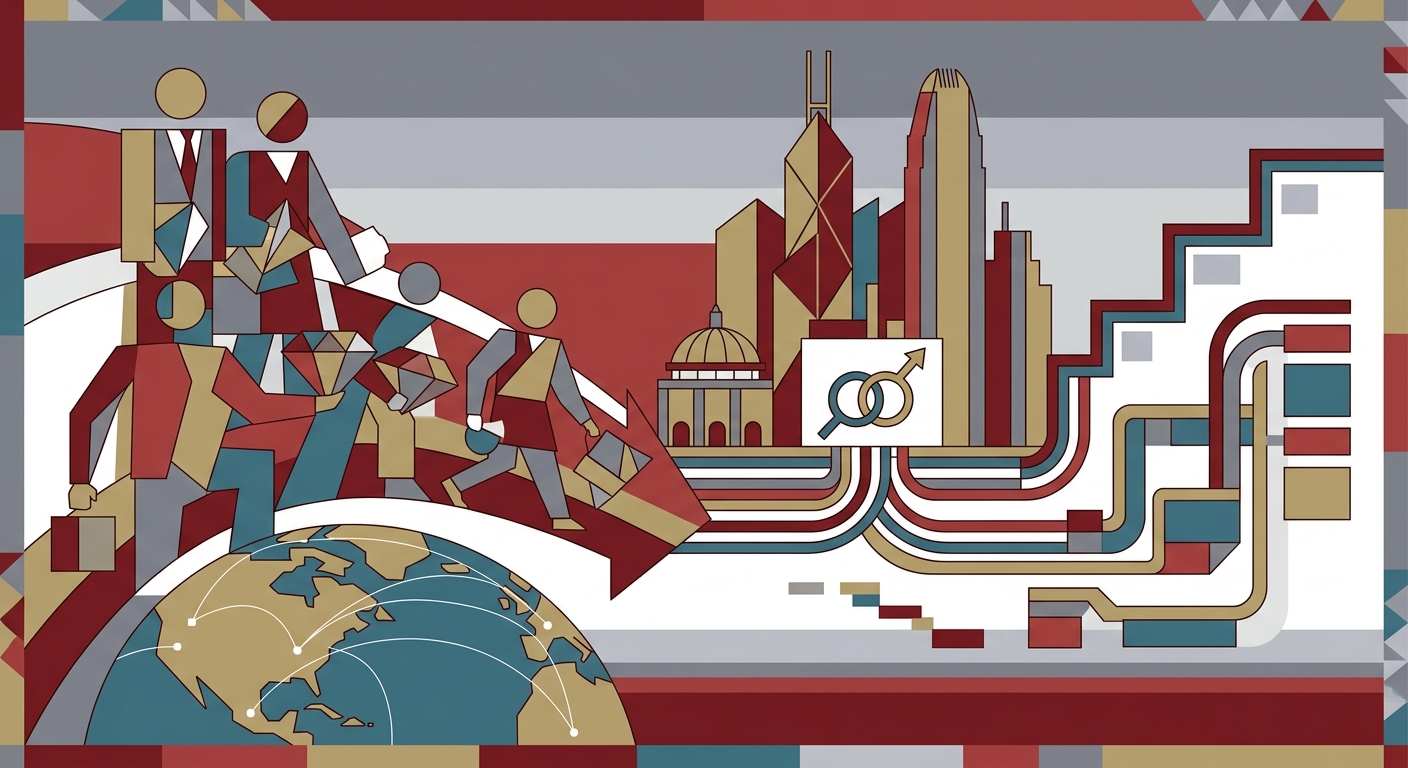 Minimalist vector illustration of geometric shapes representing global financial flows and markets.