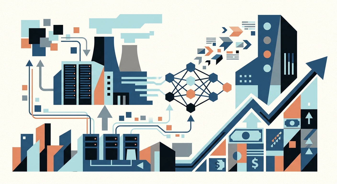 Minimalist geometric vector illustration representing digital infrastructure and artificial intelligence data processing.