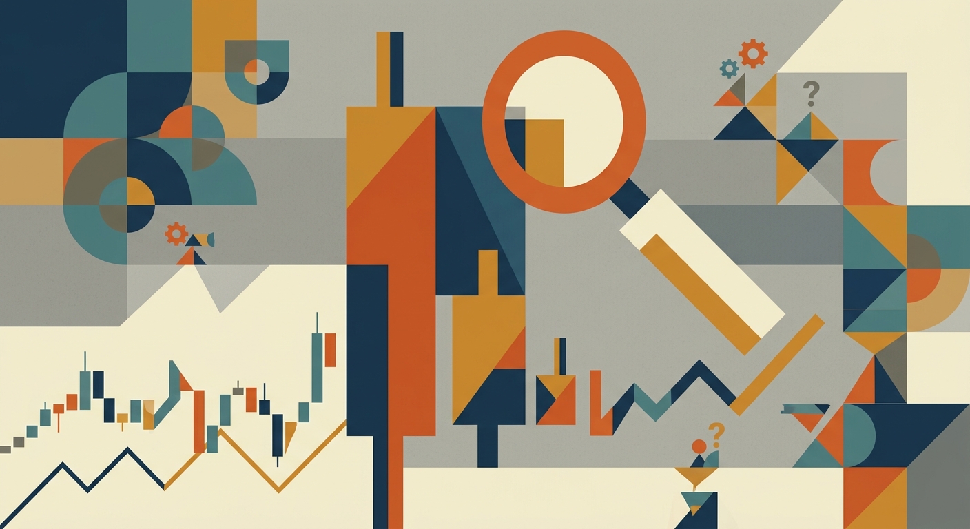 Minimalist flat vector illustration of geometric shapes representing financial stock market candle charts.