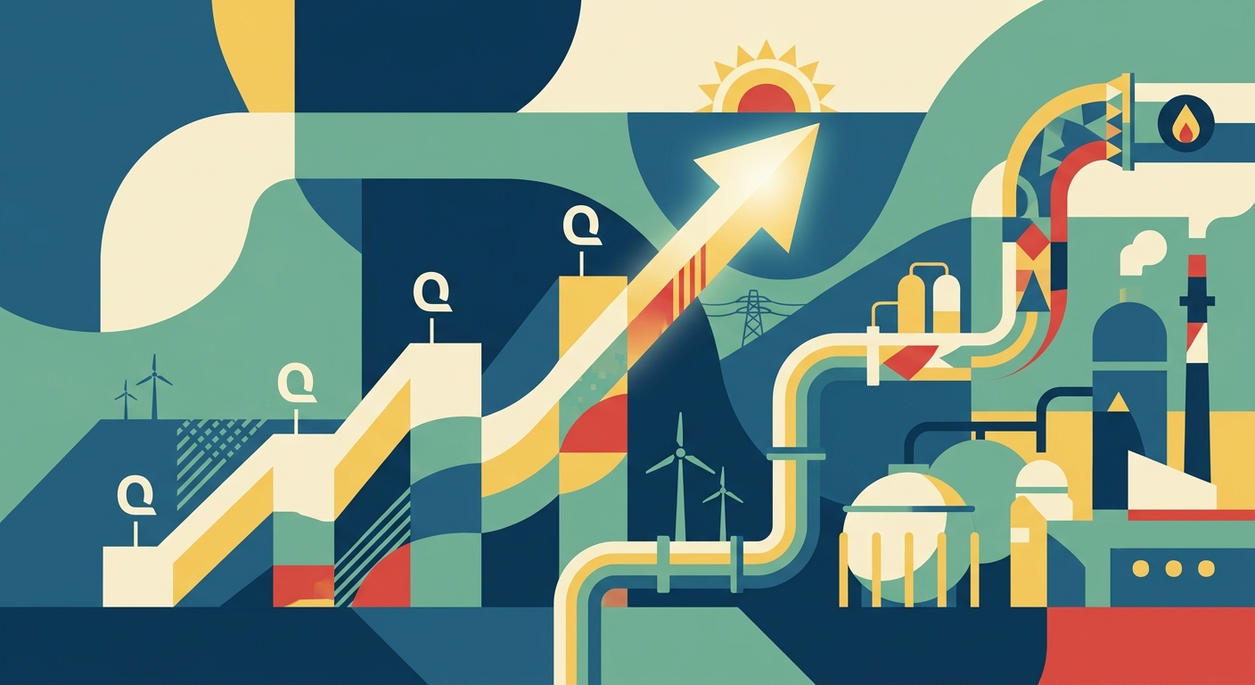 Minimalist geometric vector illustration featuring abstract upward-trending charts and shapes in a limited color palette.