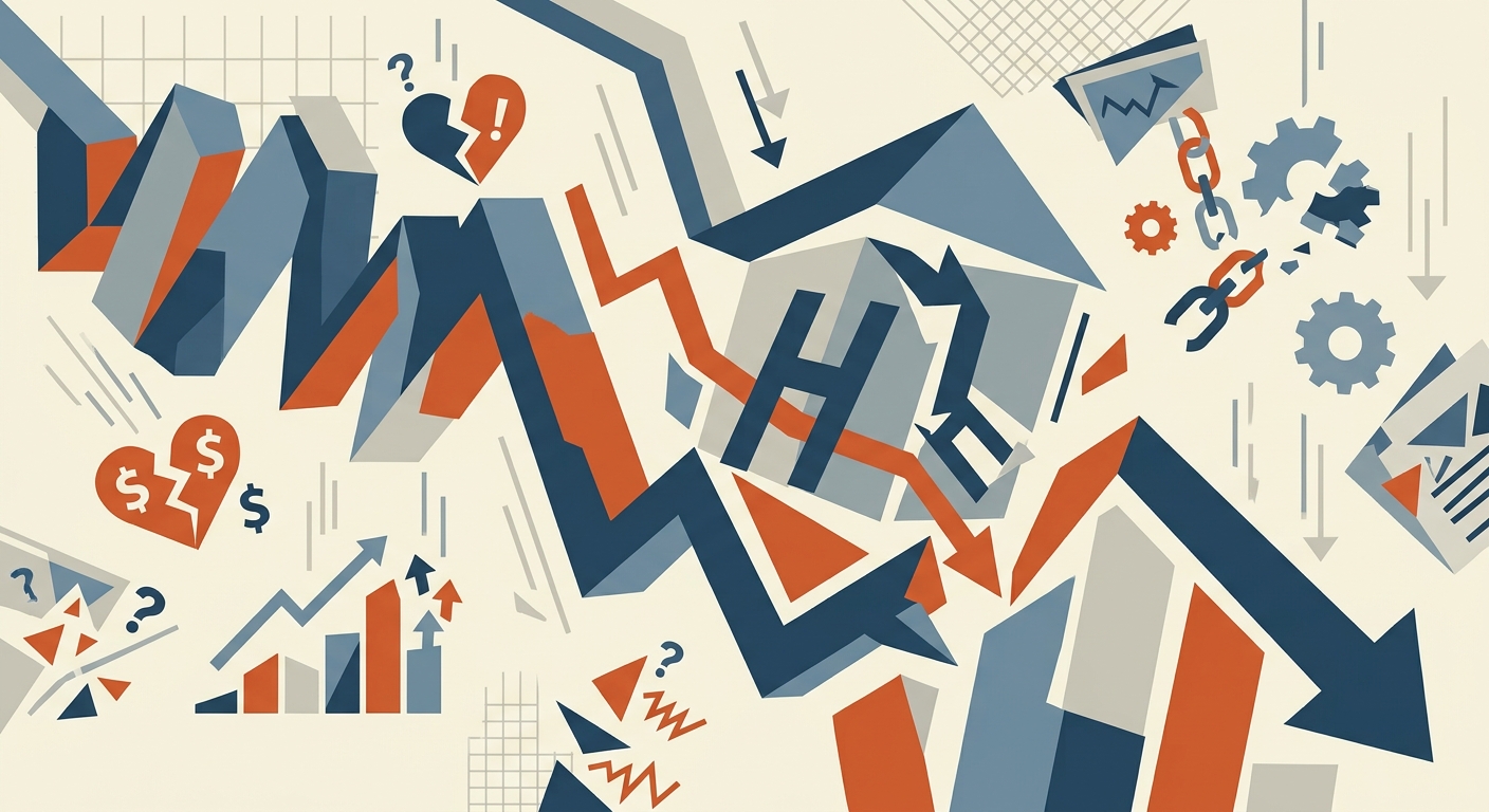 Flat vector illustration of minimal geometric shapes in muted colors showing a downward arrow and falling bars, symbolizing stock decline.