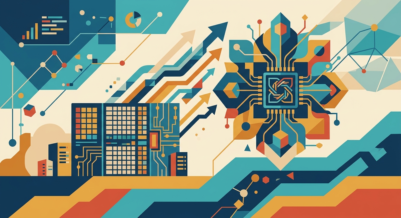 Minimalist vector illustration of glowing geometric circuits and abstract quantum patterns representing advanced computing.