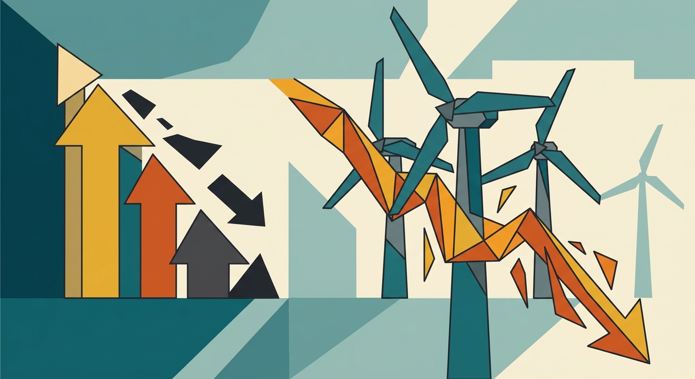 Abstrakte geometrische Vektorillustration mit fallenden roten Linien und Pfeilen vor einem schlichten Hintergrund.