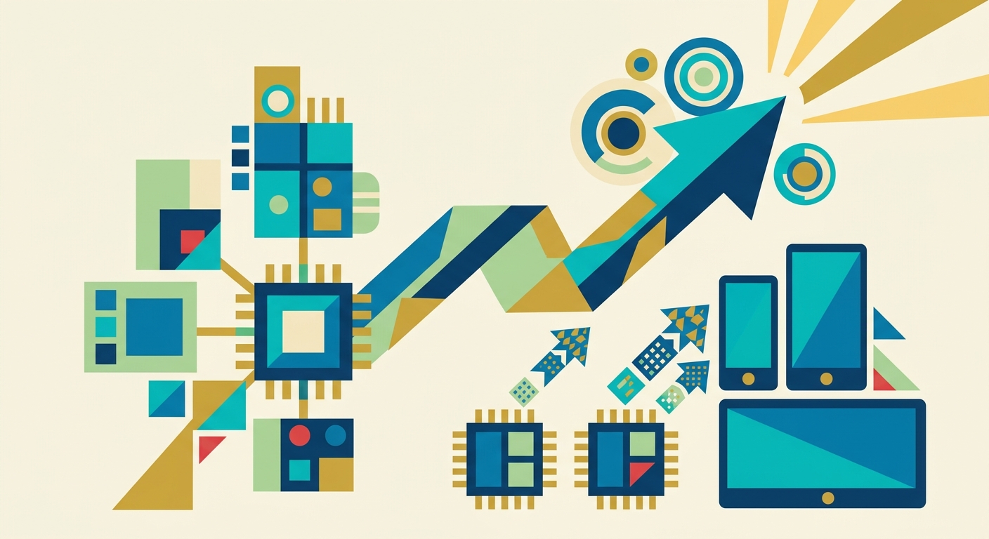 Minimalist vector illustration of abstract geometric shapes representing digital circuits and rising data trends.