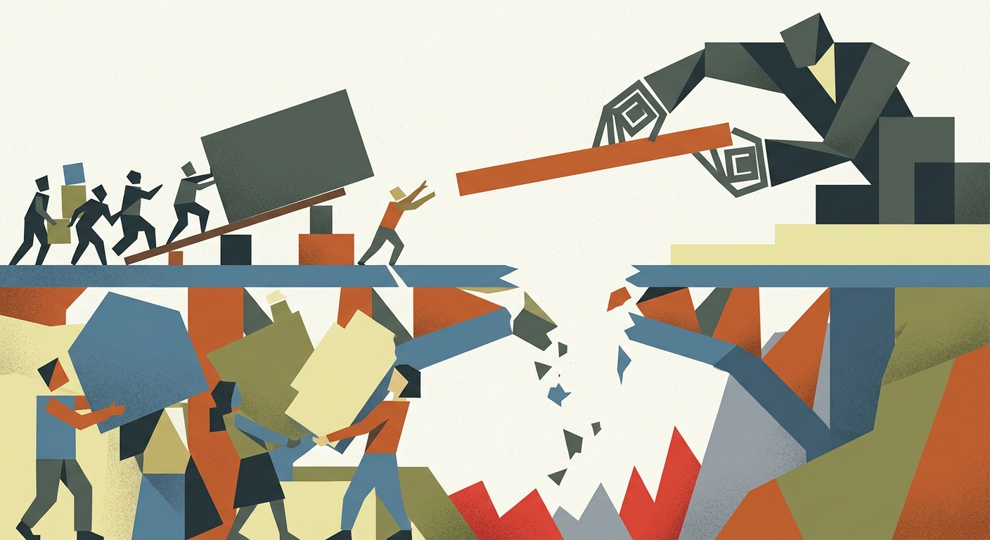 Minimalist vector illustration of geometric shapes representing financial struggle and economic instability.