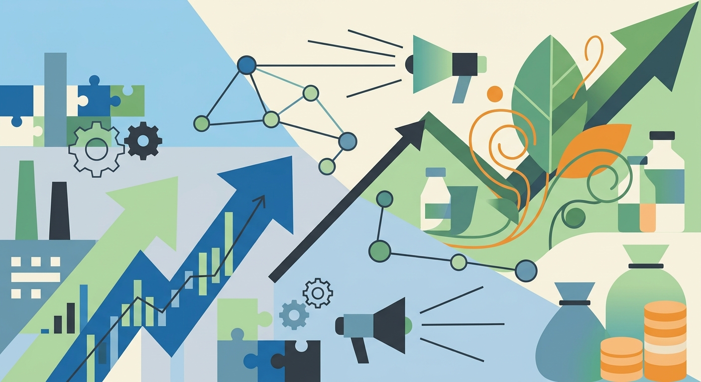 Minimal geometric shapes forming an upward-trending graph with a stylized arrow, representing abstract financial growth.
